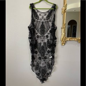 Boutique Crochet Knit Long Line Vest Kimono Black Large